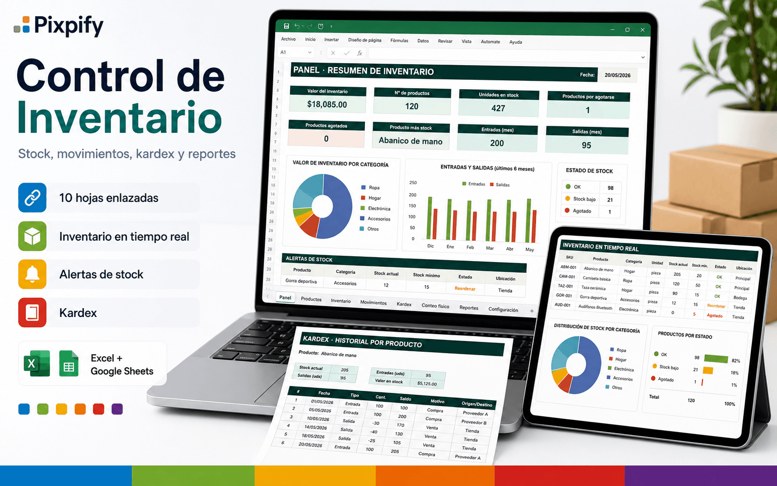 Imagen comercial de Control de Inventario Pixpify con panel de inventario, alertas de stock, kardex y compatibilidad Excel y Google Sheets