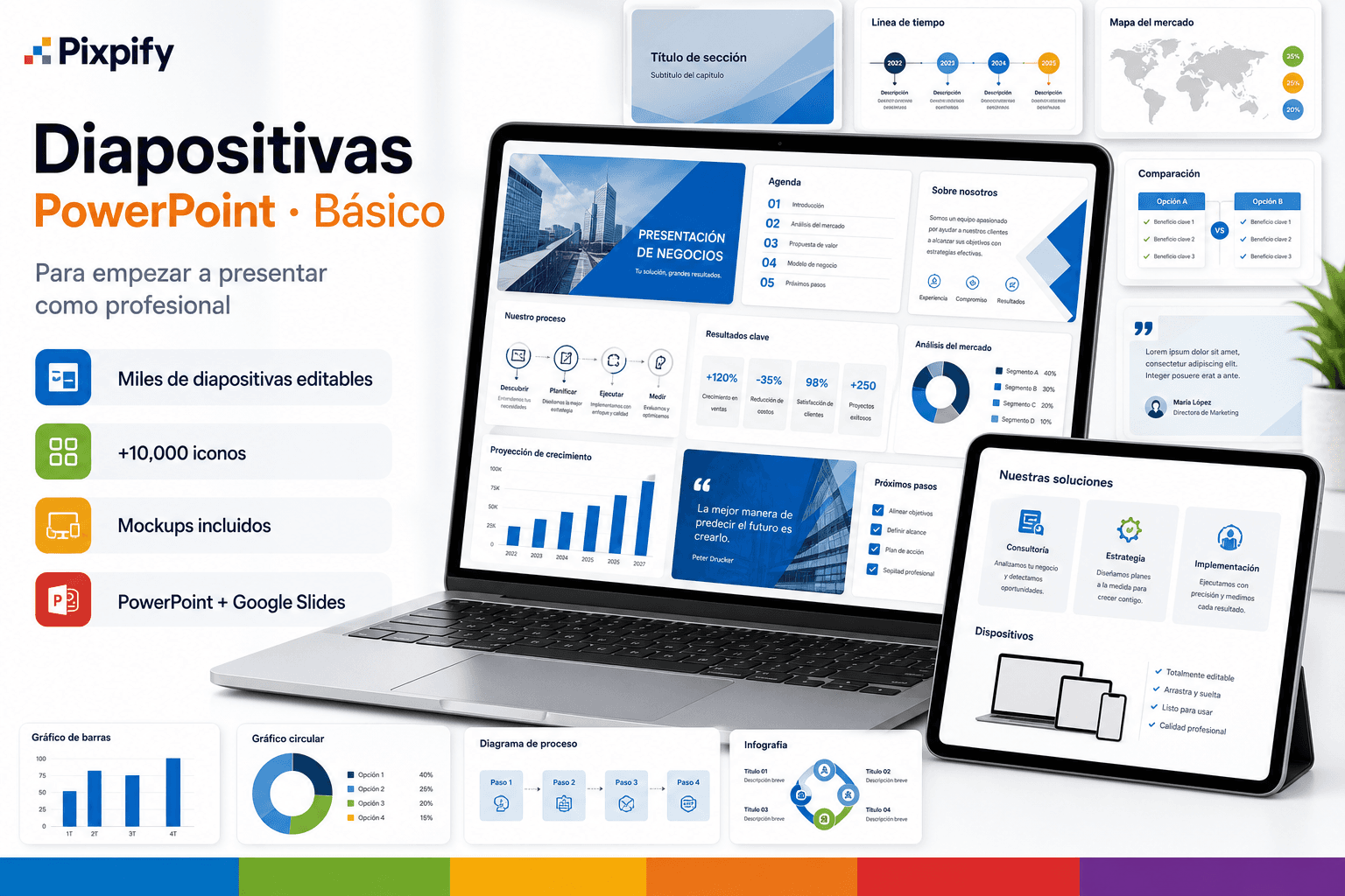 Imagen principal de Diapositivas PowerPoint Básico con plantillas editables, iconos y mockups