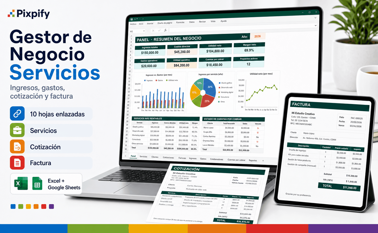 Imagen principal de Gestor de Negocio Servicios con capturas reales del panel, servicios y cotización