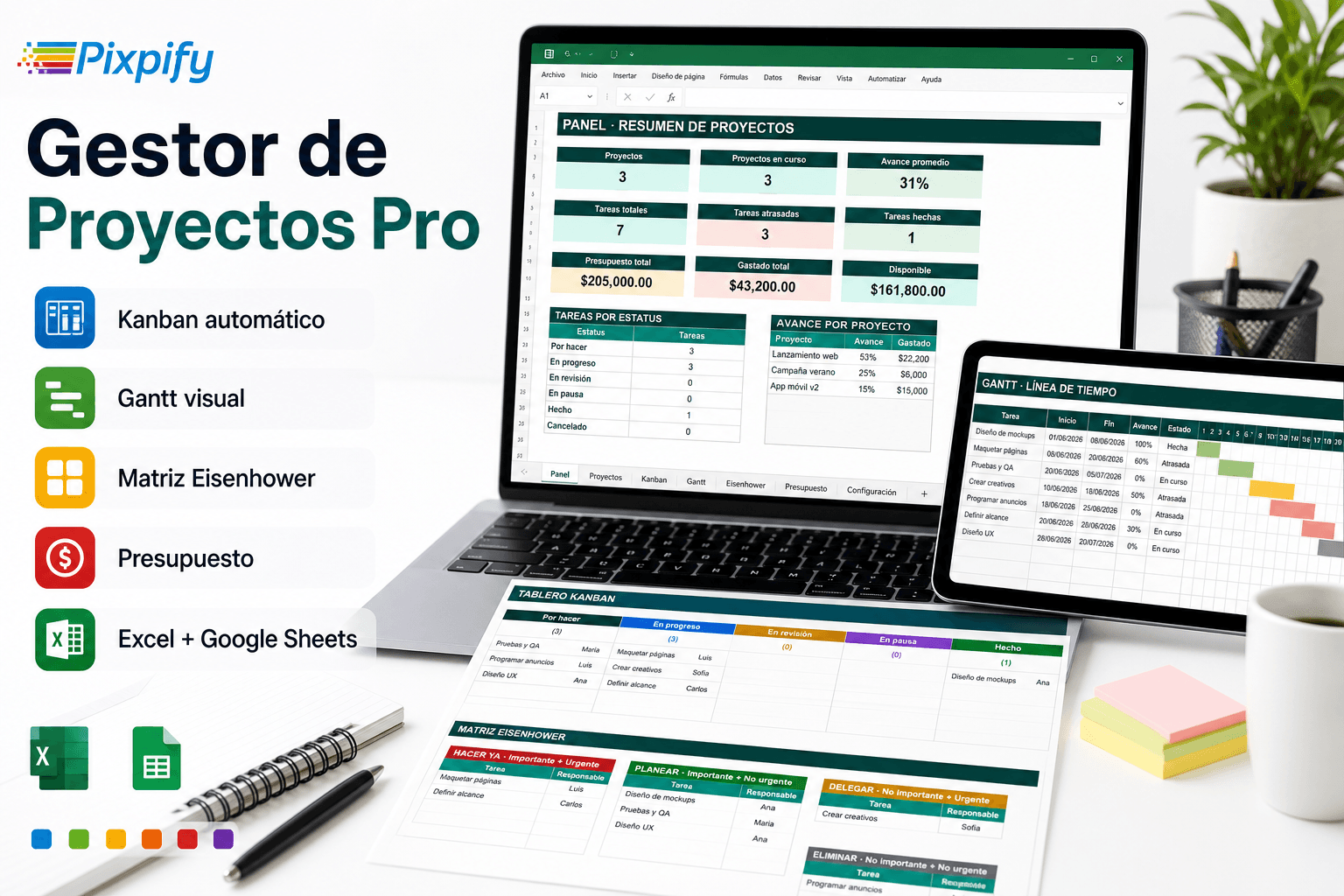 Imagen comercial de Gestor de Proyectos Pro Pixpify con panel de proyectos, Kanban, Gantt, Matriz Eisenhower y presupuesto
