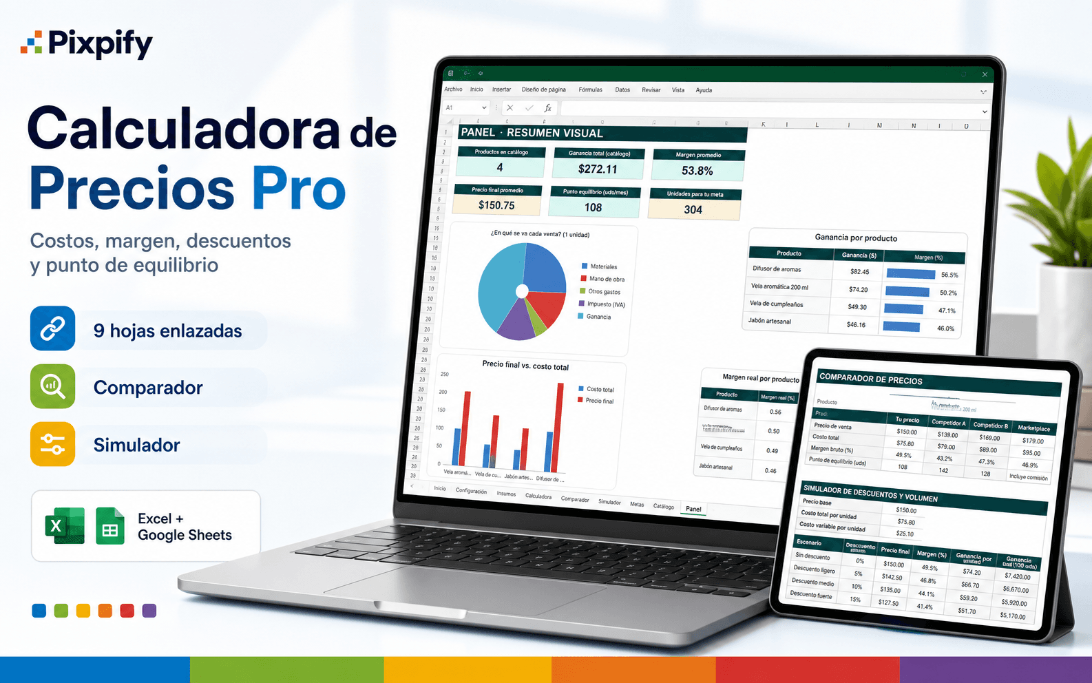 Imagen principal de Calculadora de Precios Pro con capturas reales del panel, calculadora y comparador