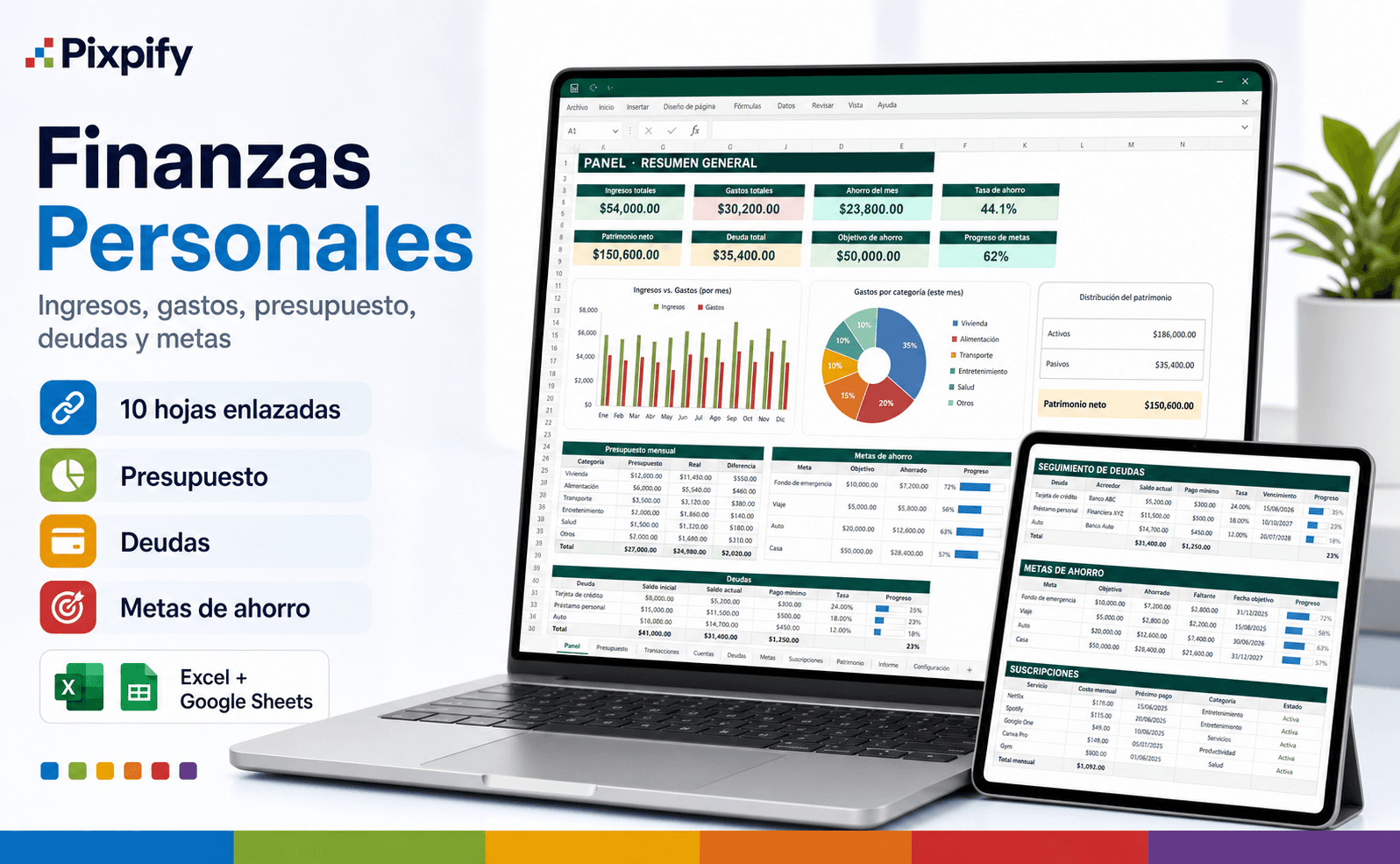 Imagen principal de Finanzas Personales con capturas reales del panel, presupuesto y deudas